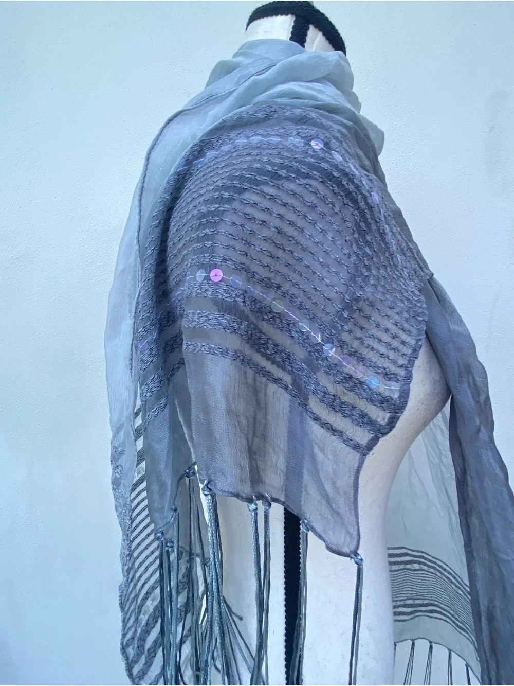 Whimsygoth Ombré Steel Grey Sequin Fringe Scarf